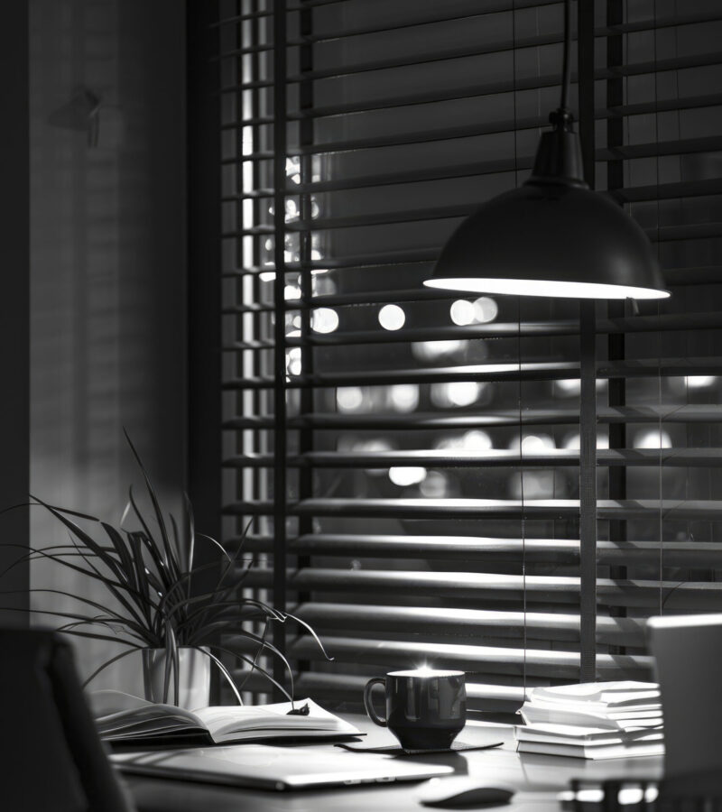 minimalistic office in nighttime, closeup, black and white --ar 2:3 --style raw --stylize 250 Job ID: c9b6b8ec-7968-4af4-8eca-e698015f7433